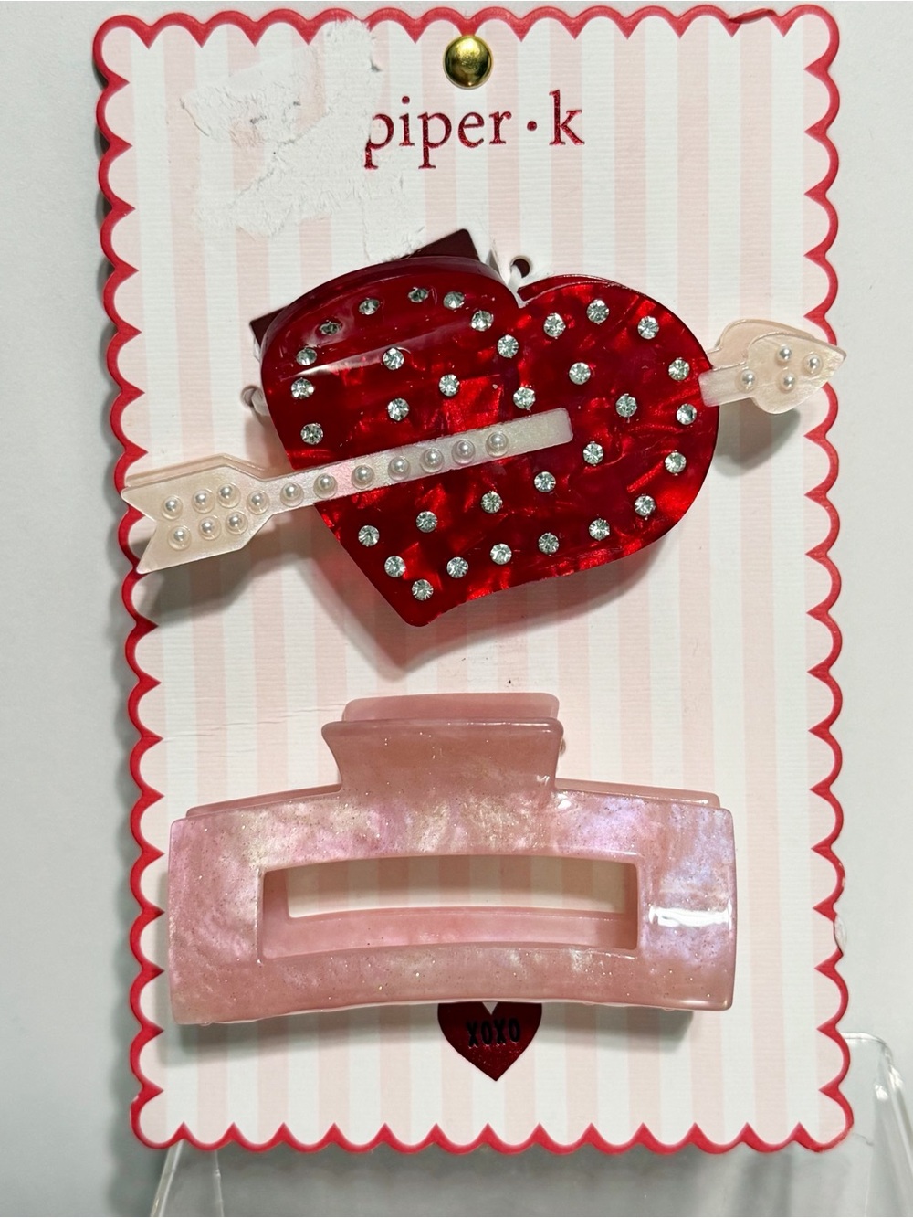 piper•k XOXO Hair Claw Clip Duo - Sparkly Heart and Shimmery Pink - New